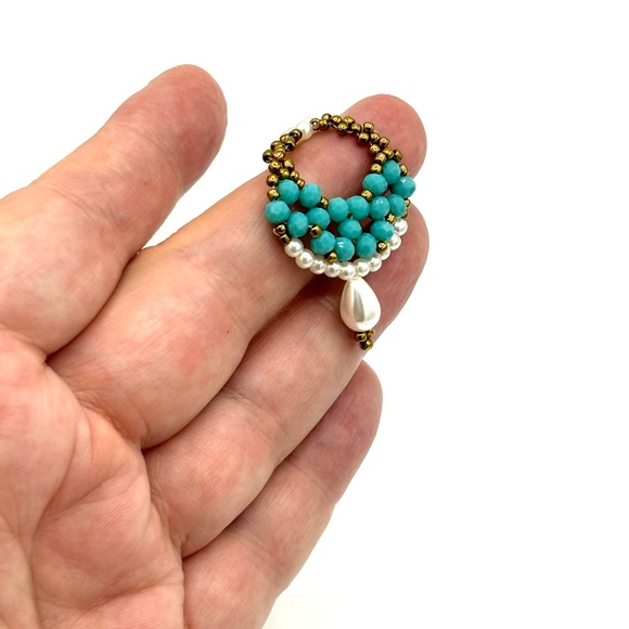 Hand Crafted Beaded Turquoise Crystal and Pearl Chunky Earrings - Picture 5 of 7